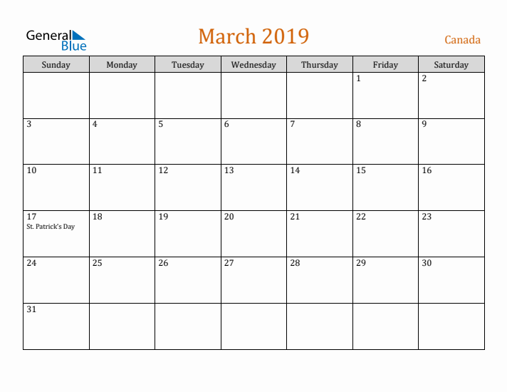 March 2019 Holiday Calendar with Sunday Start