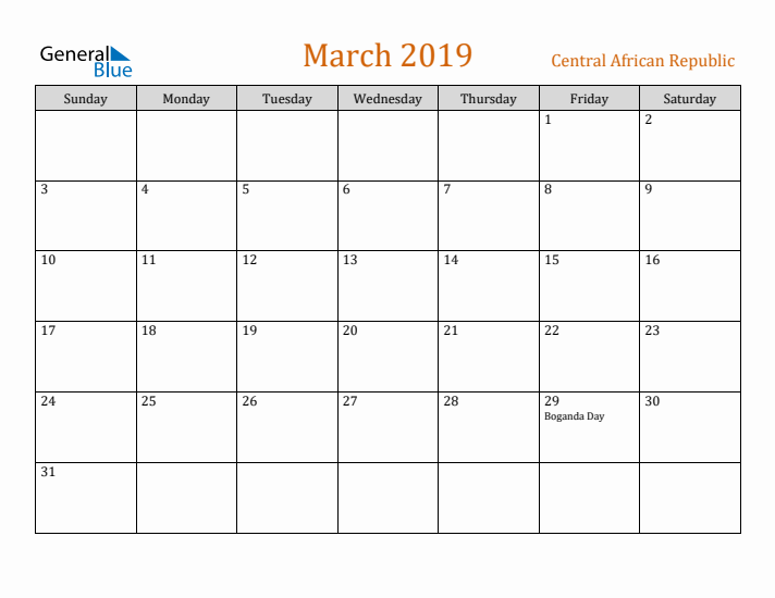 March 2019 Holiday Calendar with Sunday Start