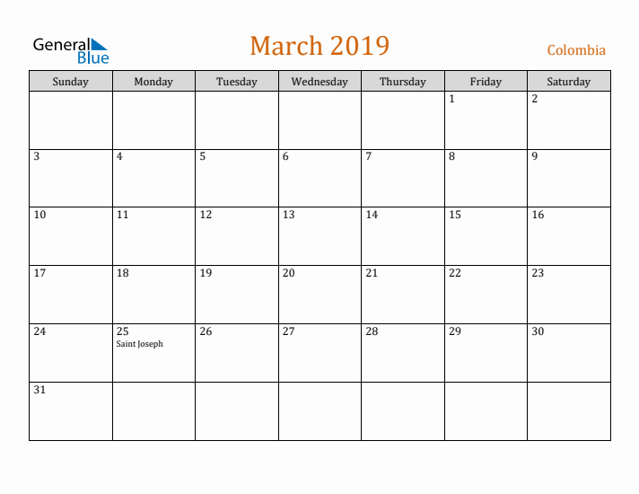 March 2019 Holiday Calendar with Sunday Start