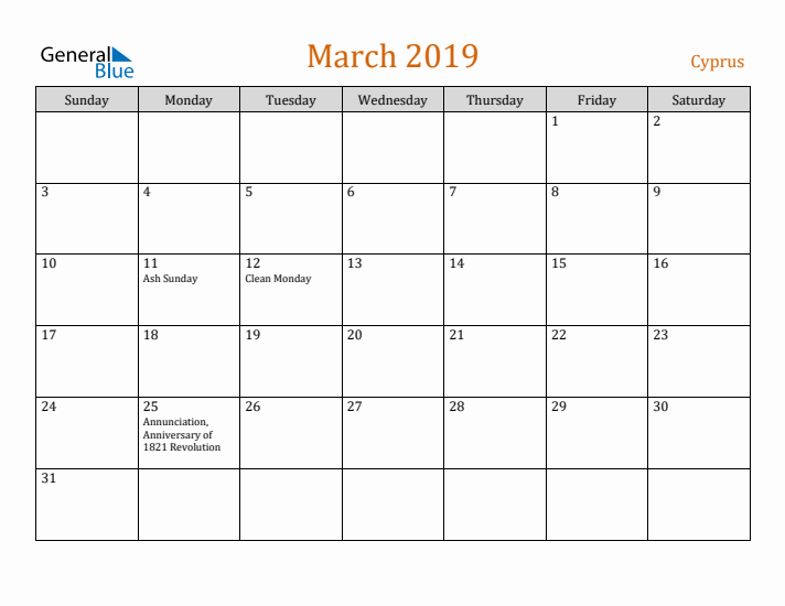 March 2019 Holiday Calendar with Sunday Start