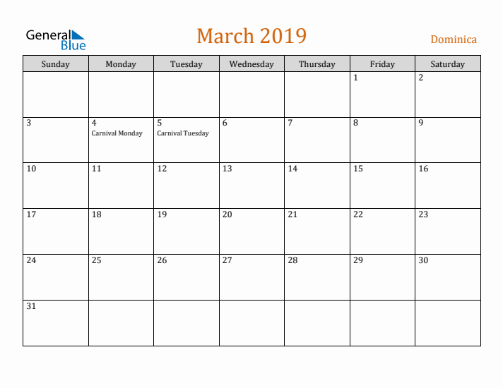 March 2019 Holiday Calendar with Sunday Start