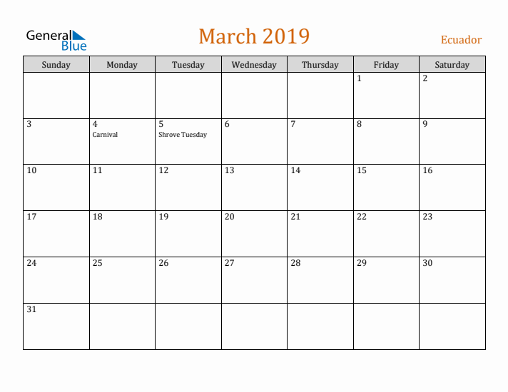 March 2019 Holiday Calendar with Sunday Start