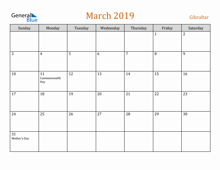 March 2019 Holiday Calendar with Sunday Start