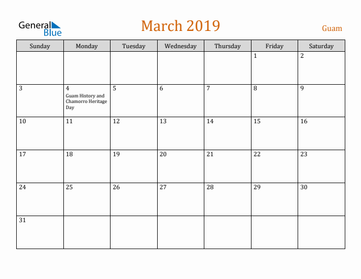 March 2019 Holiday Calendar with Sunday Start