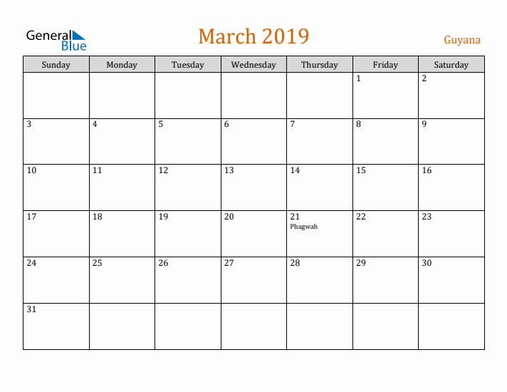 March 2019 Holiday Calendar with Sunday Start