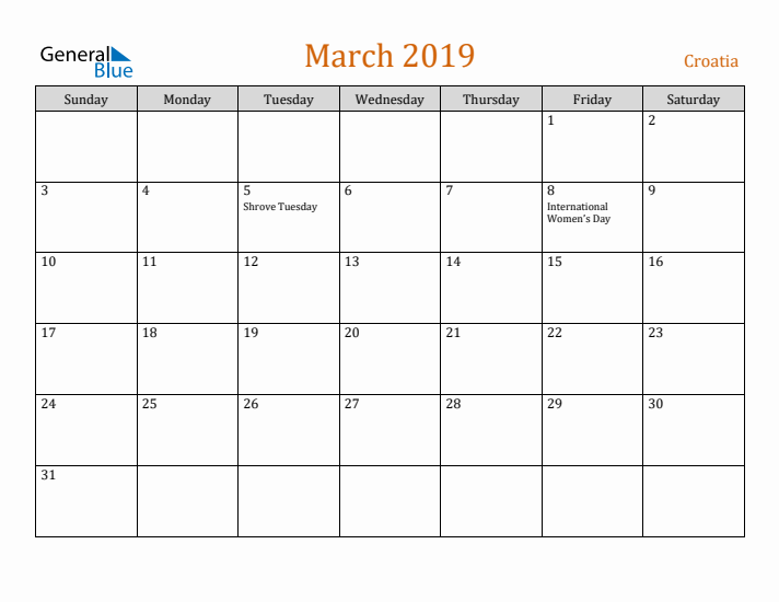 March 2019 Holiday Calendar with Sunday Start