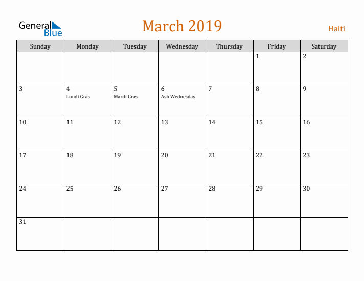 March 2019 Holiday Calendar with Sunday Start