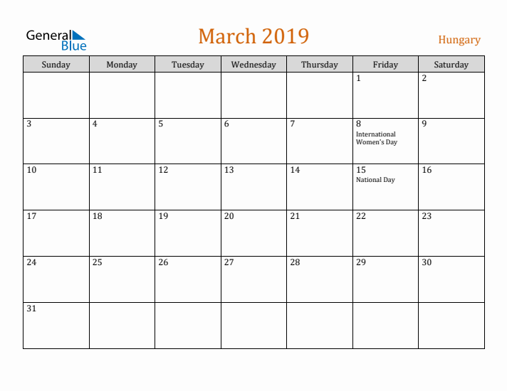 March 2019 Holiday Calendar with Sunday Start