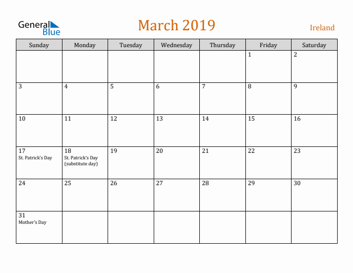 March 2019 Holiday Calendar with Sunday Start