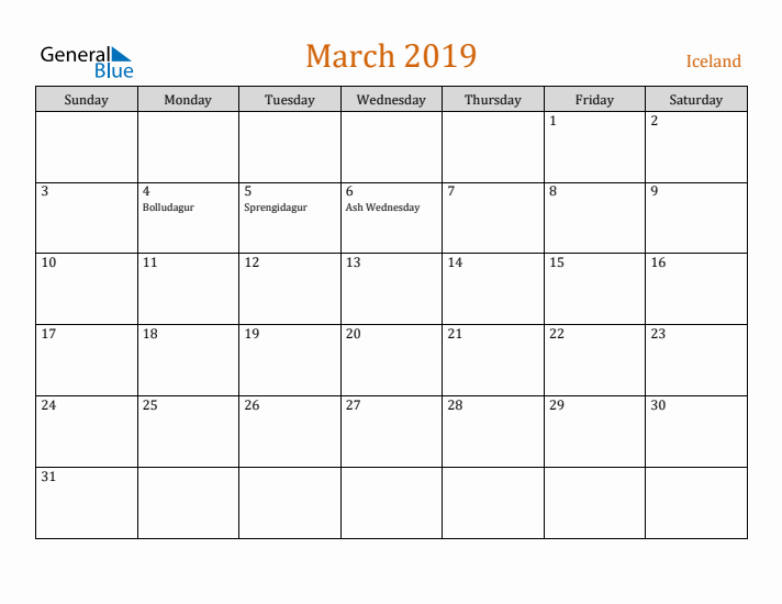 March 2019 Holiday Calendar with Sunday Start