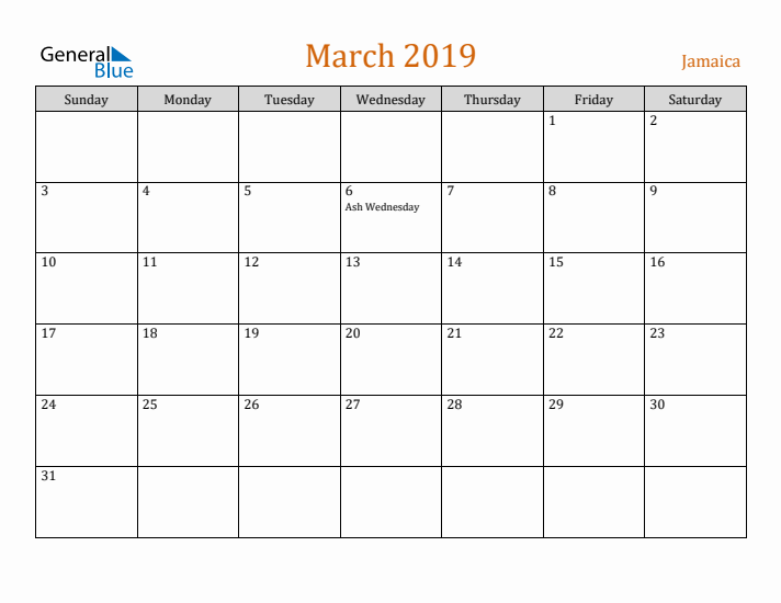 March 2019 Holiday Calendar with Sunday Start