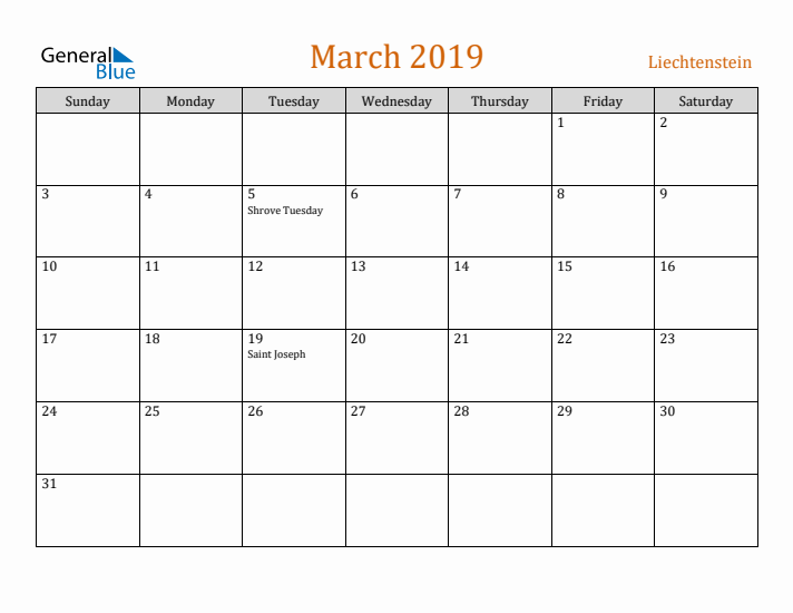 March 2019 Holiday Calendar with Sunday Start