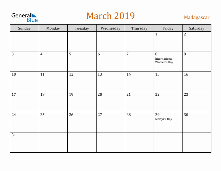 March 2019 Holiday Calendar with Sunday Start