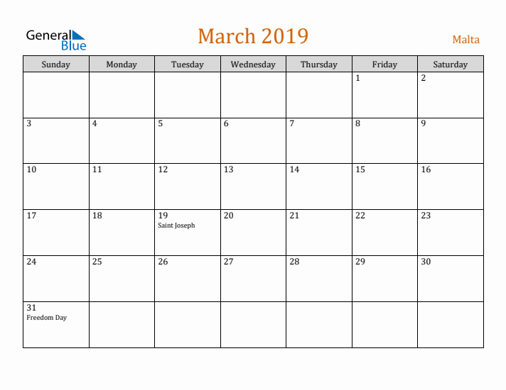 March 2019 Holiday Calendar with Sunday Start