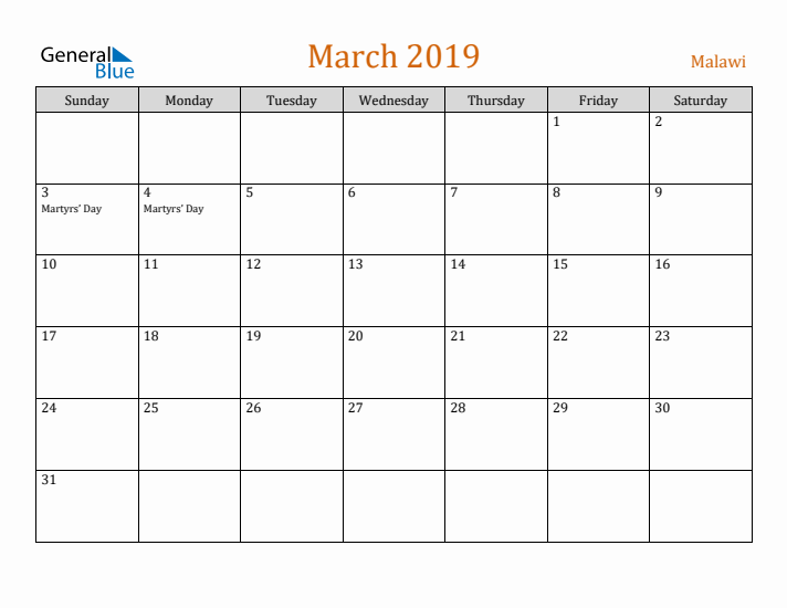 March 2019 Holiday Calendar with Sunday Start