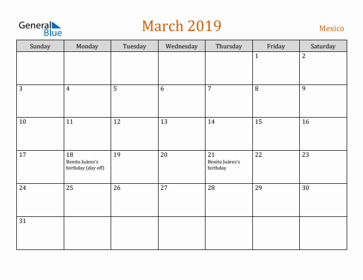 March 2019 Holiday Calendar with Sunday Start