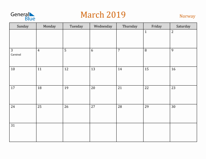 March 2019 Holiday Calendar with Sunday Start