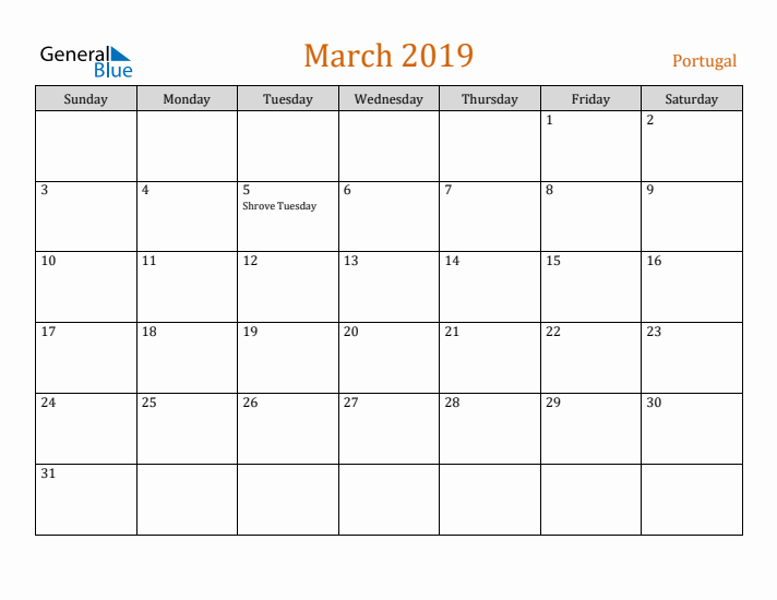 March 2019 Holiday Calendar with Sunday Start