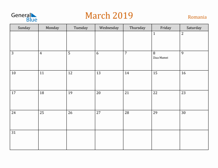 March 2019 Holiday Calendar with Sunday Start