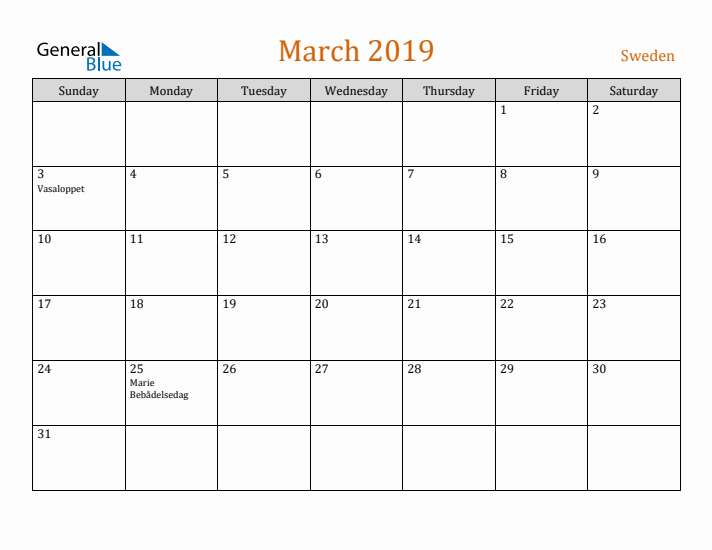 March 2019 Holiday Calendar with Sunday Start