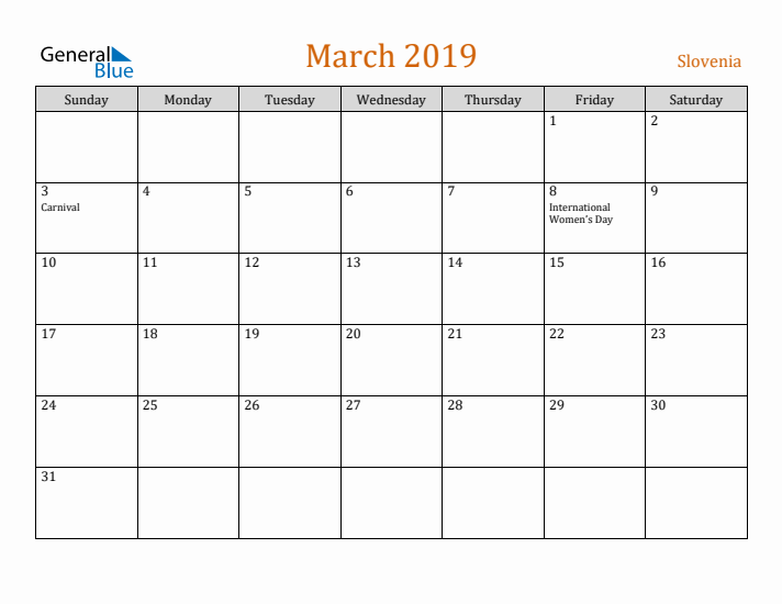 March 2019 Holiday Calendar with Sunday Start