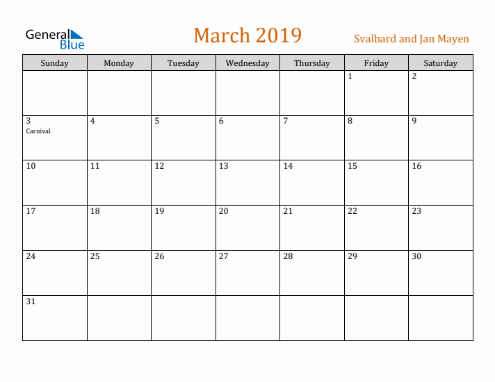 March 2019 Holiday Calendar with Sunday Start