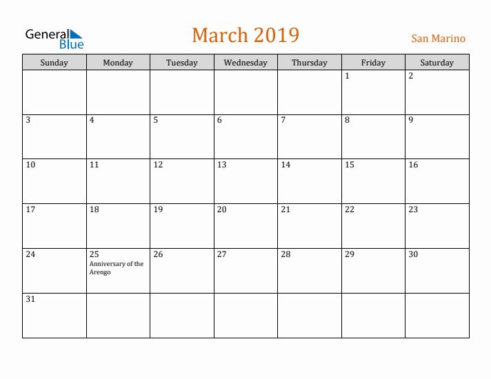 March 2019 Holiday Calendar with Sunday Start