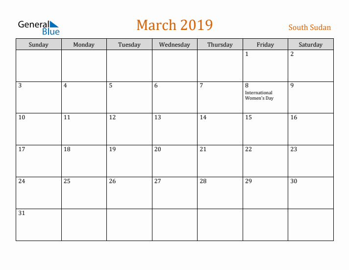 March 2019 Holiday Calendar with Sunday Start