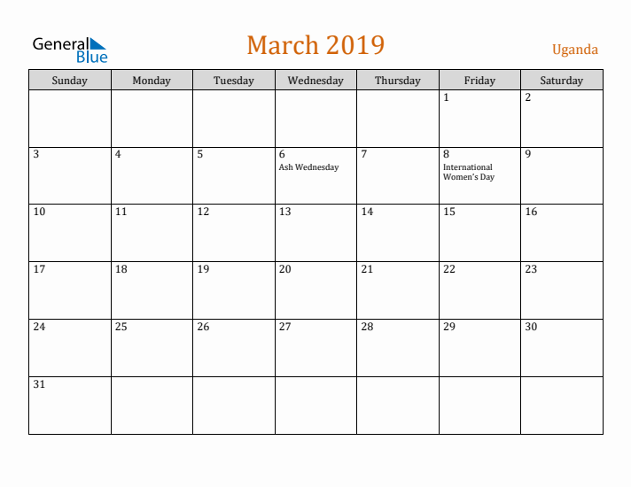 March 2019 Holiday Calendar with Sunday Start