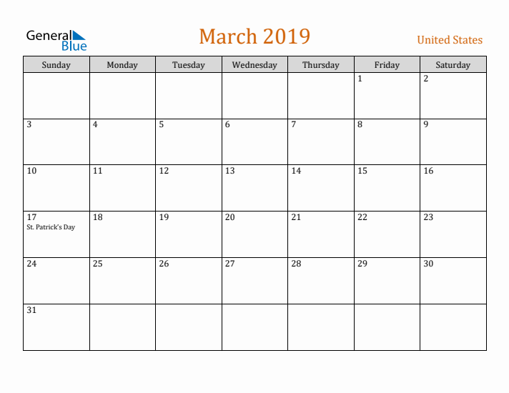 March 2019 Holiday Calendar with Sunday Start