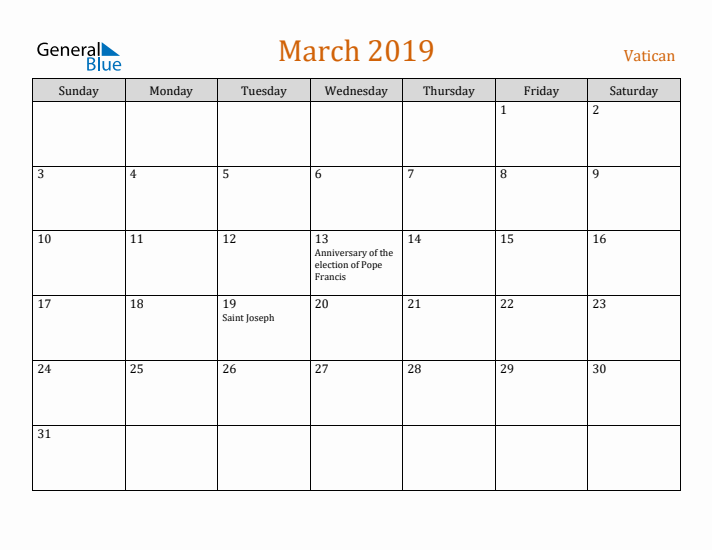 March 2019 Holiday Calendar with Sunday Start