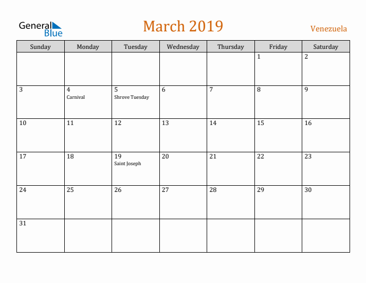 March 2019 Holiday Calendar with Sunday Start