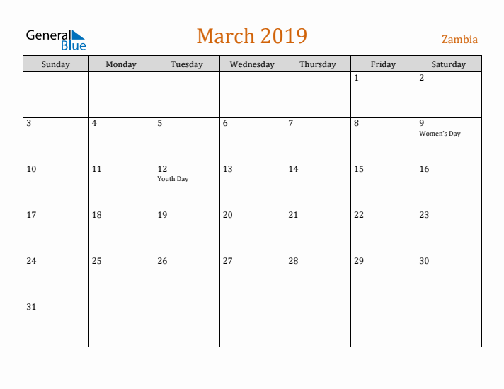 March 2019 Holiday Calendar with Sunday Start