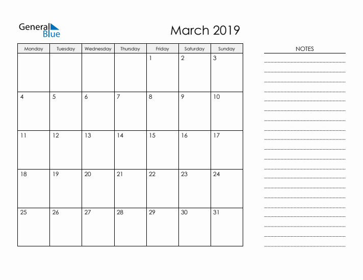 Printable Monthly Calendar with Notes - March 2019