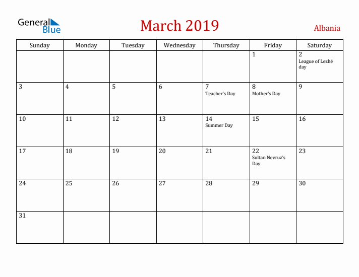 Albania March 2019 Calendar - Sunday Start