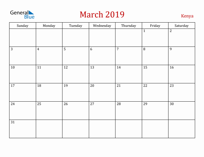 Kenya March 2019 Calendar - Sunday Start