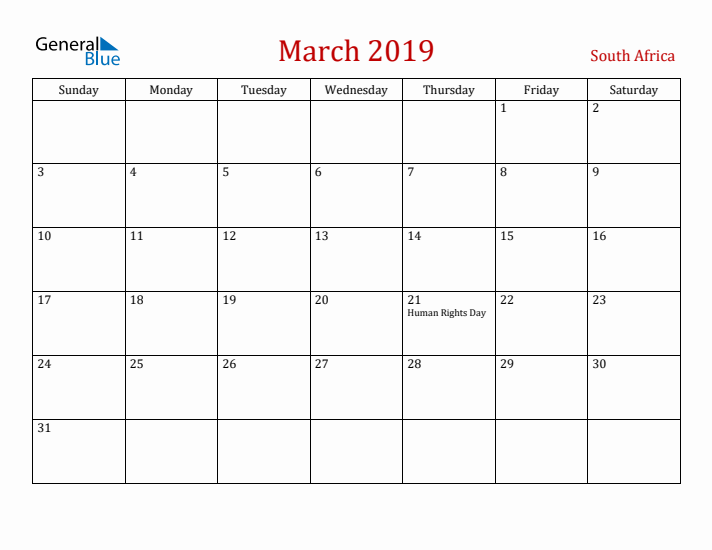 South Africa March 2019 Calendar - Sunday Start