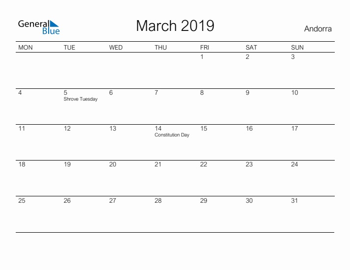 Printable March 2019 Calendar for Andorra