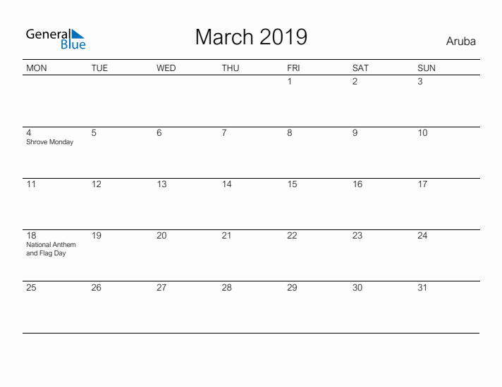 Printable March 2019 Calendar for Aruba