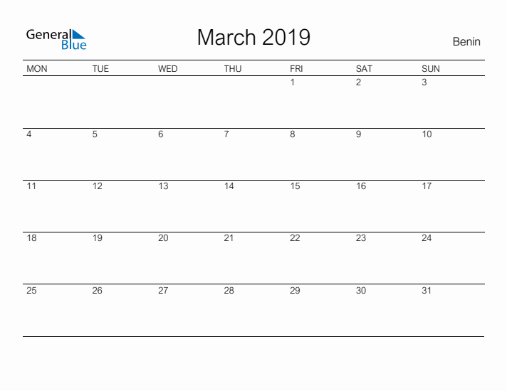 Printable March 2019 Calendar for Benin