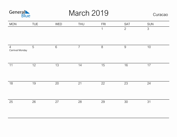 Printable March 2019 Calendar for Curacao