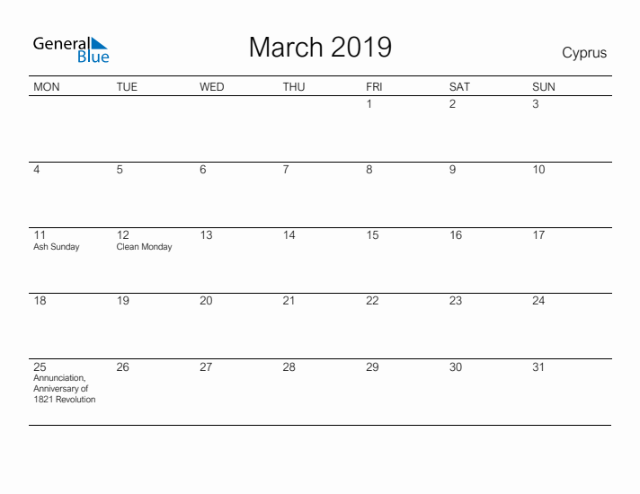 Printable March 2019 Calendar for Cyprus