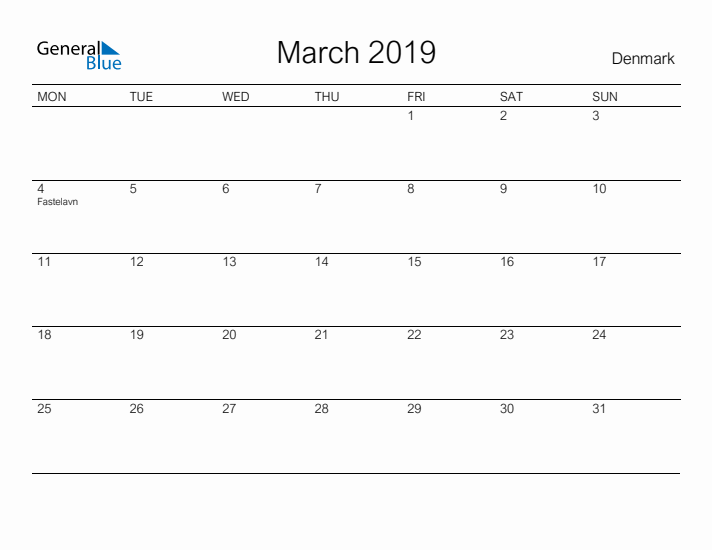 Printable March 2019 Calendar for Denmark