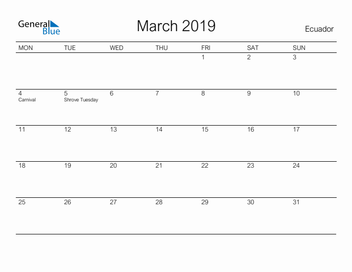 Printable March 2019 Calendar for Ecuador