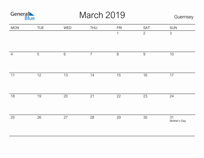 Printable March 2019 Calendar for Guernsey