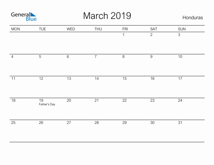 Printable March 2019 Calendar for Honduras