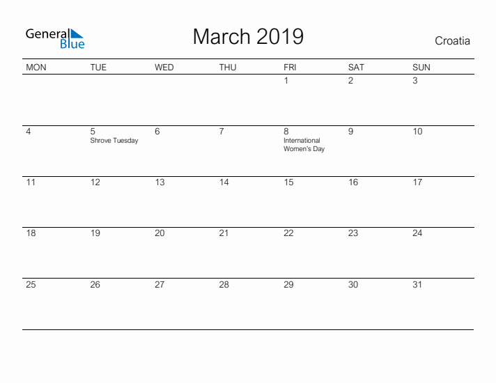 Printable March 2019 Calendar for Croatia