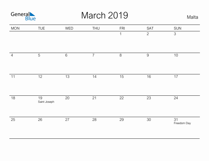 Printable March 2019 Calendar for Malta