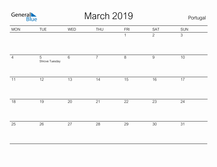 Printable March 2019 Calendar for Portugal