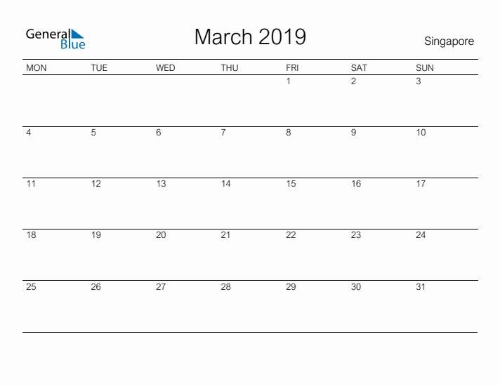 Printable March 2019 Calendar for Singapore